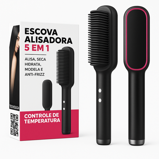 Escova Alisadora Bivolt 5 em 1 (Alisa, Hidrata, Modela, Alinha e Anti-Frizz)